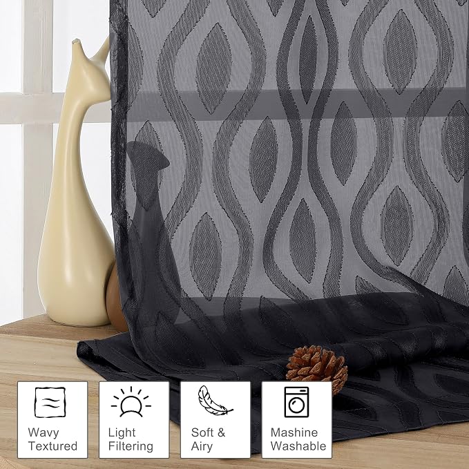Aiyufeng Black Sheer Curtains 63 Inch Length 2 Panels Set, Solid Airy Light - Image 2