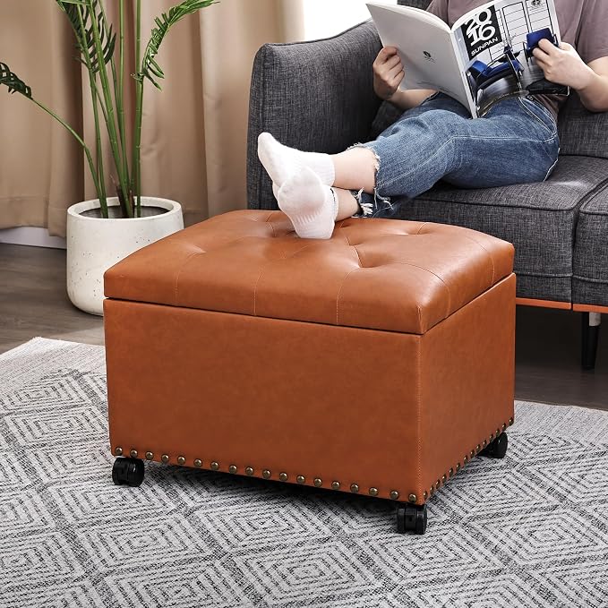 24" Square Ottomans with Storage, Leather Ottoman with Storage with Lockable - Image 8