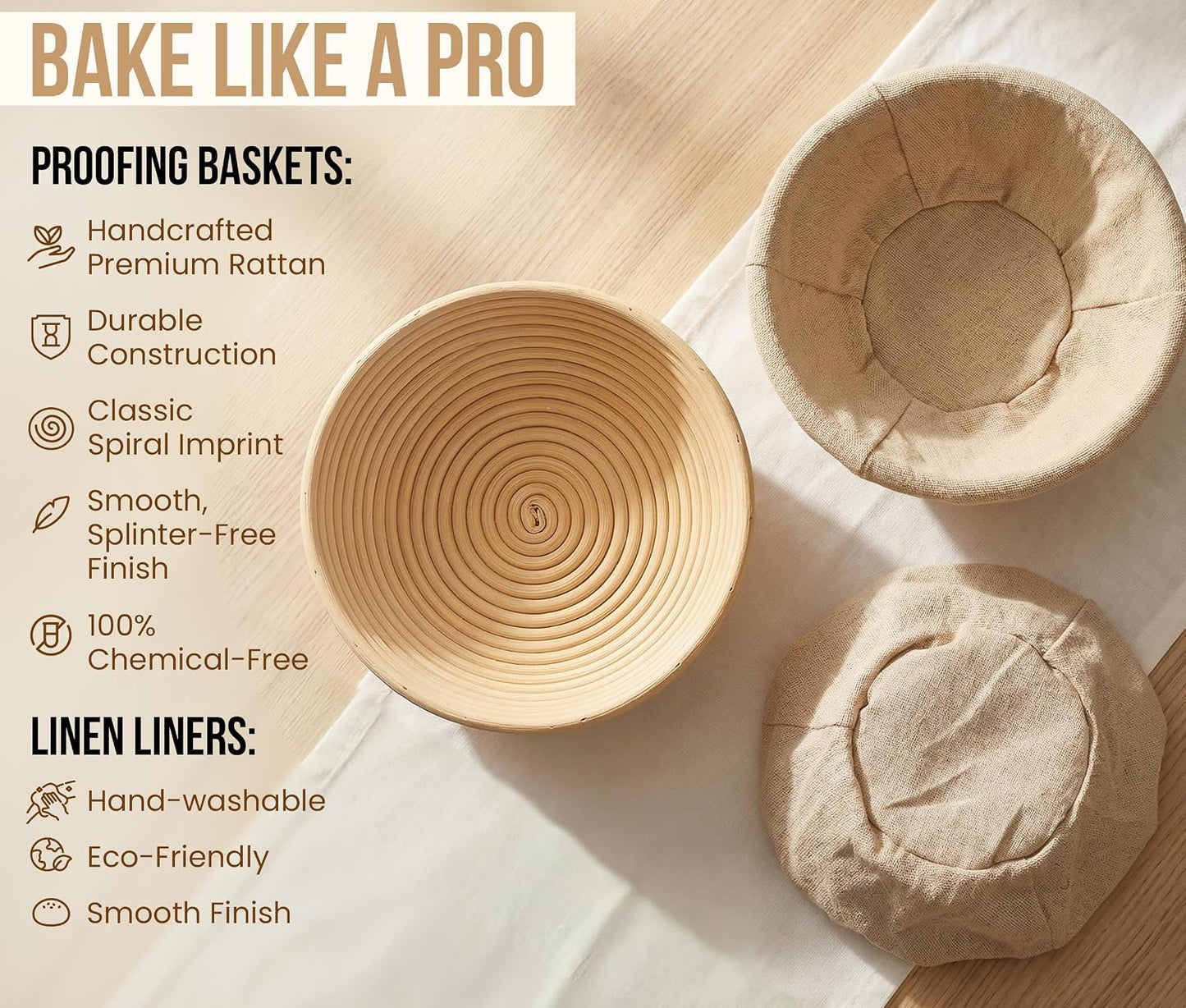 Kook Banneton Bread Proofing Set, Artisan Sourdough Bread Making Kit, 9 Inch Handwoven Rattan Baskets and Liners, Metal & Plastic Dough Scrapers, Scoring Lame & Case, 4 Extra Blades, Set of 2, Round