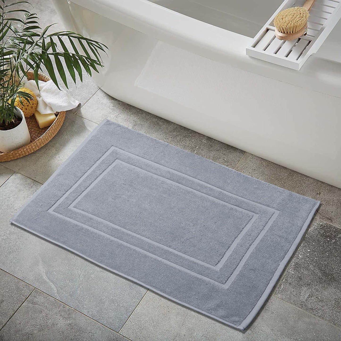 Feather & Stitch 2 Piece Towel Like Bath Mats (30x21 Inch) 100% Cotton Terry Bath Mats, Bathroom Shower Floor Mats [NOT A Bathroom Rug], Soft Absorbent Washable Mats - Grey