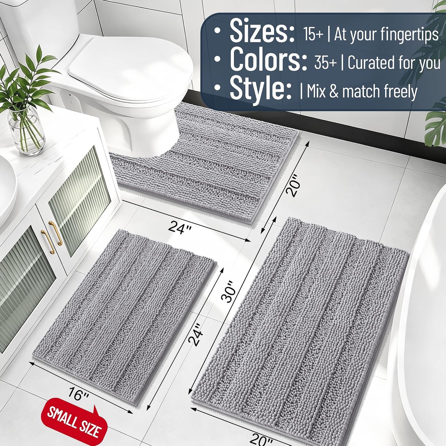 Smiry Thick Chenille Bathroom Rugs 30x20, Extra Soft Absorbent Striped Bath Mat, Machine Washable, Rubber Backing, Bath Rugs for Tub & Shower, Modern Home Decor Accessories, Grey