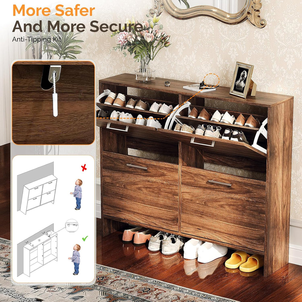 VINGLI Walnut Shoe Cabinet for Entryway, Slim Rustic Shoe Storage Cabinet wit...