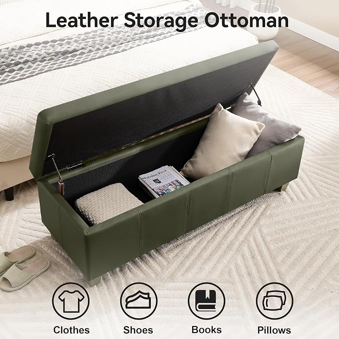 41" Faux Leather Storage Ottoman, Stitch Tufted Rectangle Upholstered End of - Image 3