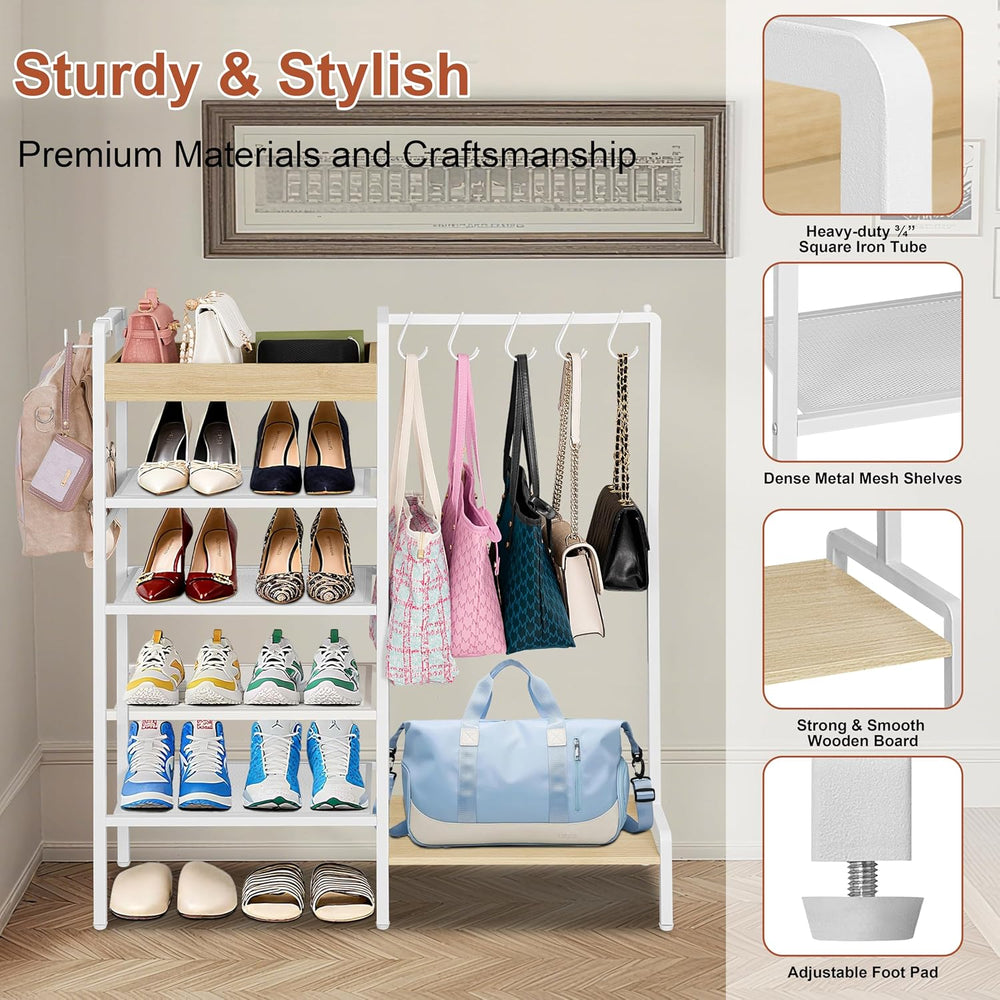 2-in-1 Shoe Rack for Closet with Purse Organizer, 5 Tier Shoes Shelf with Woo...