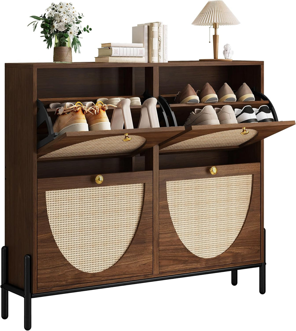 IRONCK Rattan Shoe Cabinet Storage with 4 Flip Drawers, Walnut