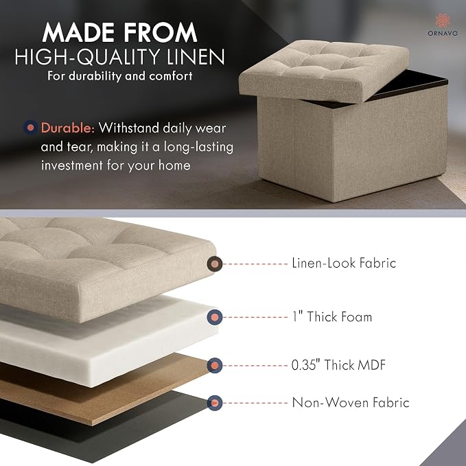 Ornavo Home Small Storage Ottoman, Foldable Collapsible Rectangle Linen Ottoman - Image 5