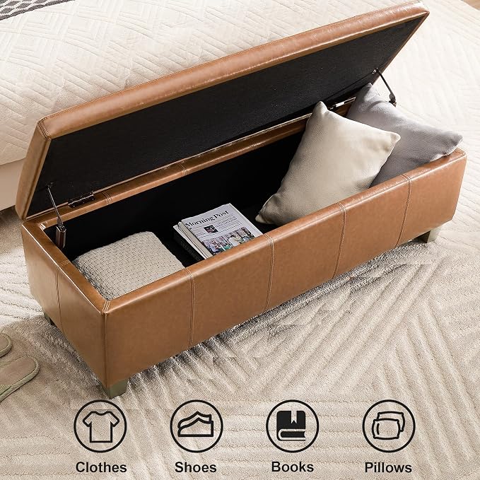 41" Faux Leather Storage Ottoman, Stitch Tufted Rectangle Upholstered End of - Image 5