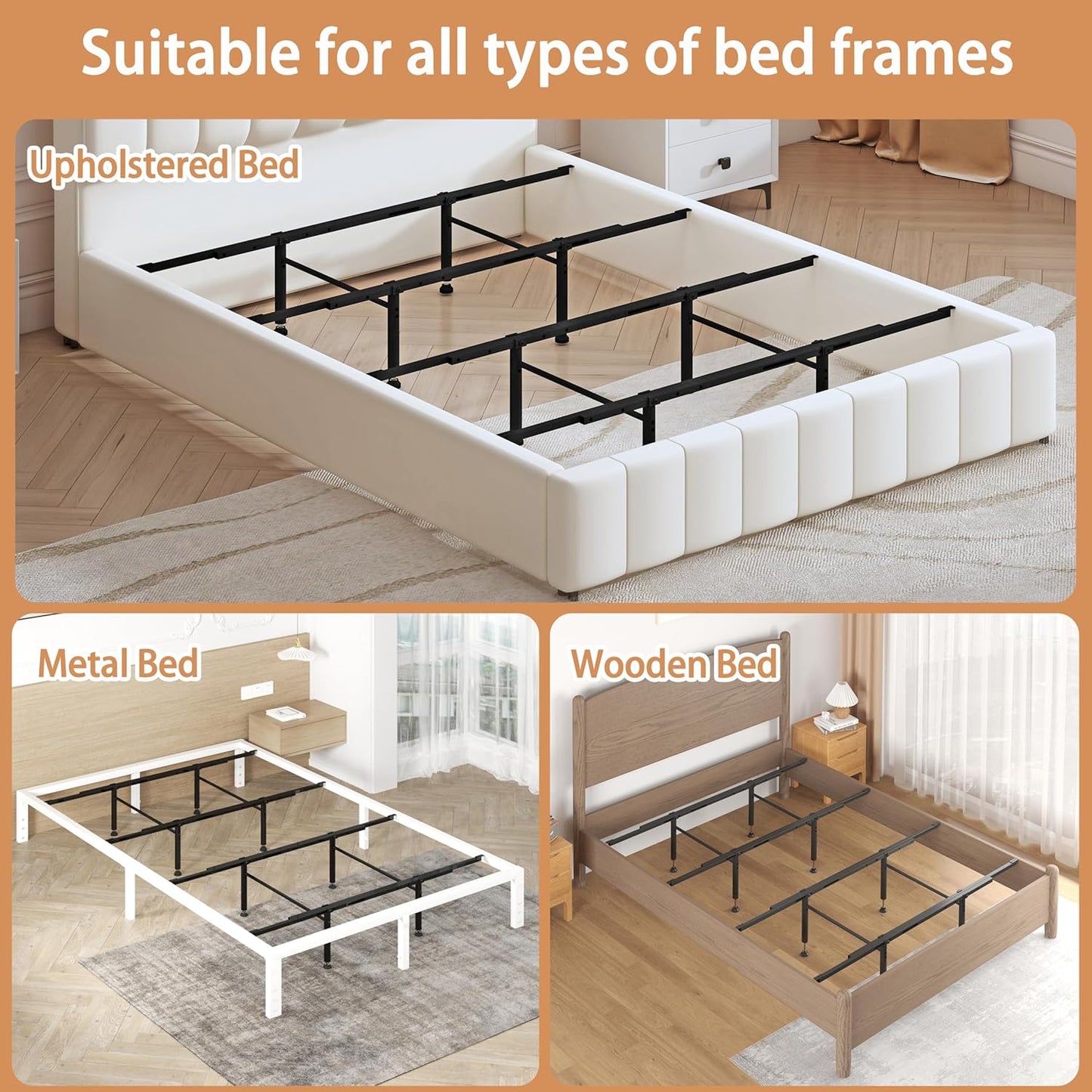 Bed Frame Support System - 4 Cross Rails,Universal Strong Center Support Beams for Full, Queen and King,California King Metal/Wood/Upholstered Bed