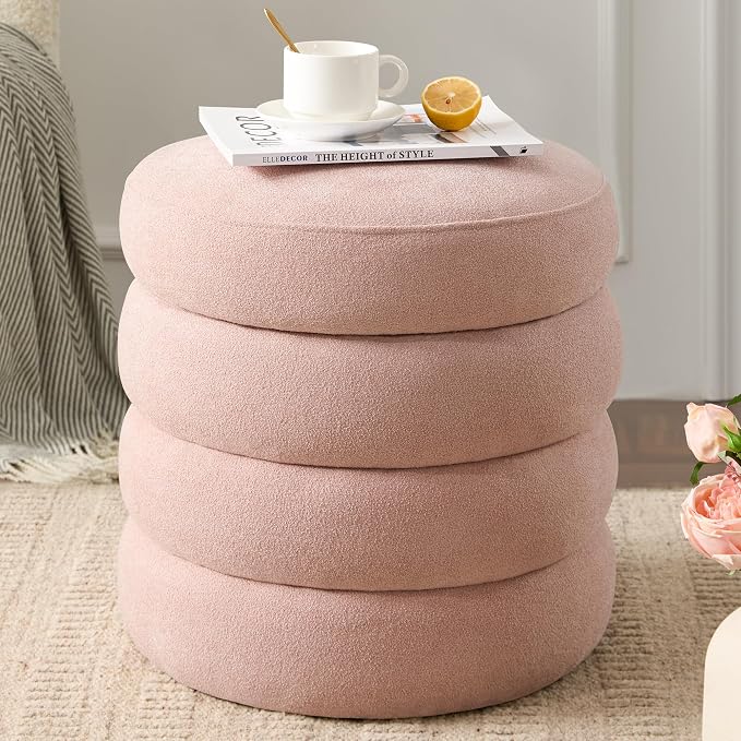 Round Ottoman with Storage Boucle Ottoman Stool Removable Lid by Krcix