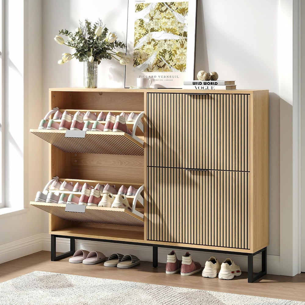 Modren Shoe Cabinet with 4 Flip Drawers and Metal Legs, Walnut丨Narrow Wood Sh...