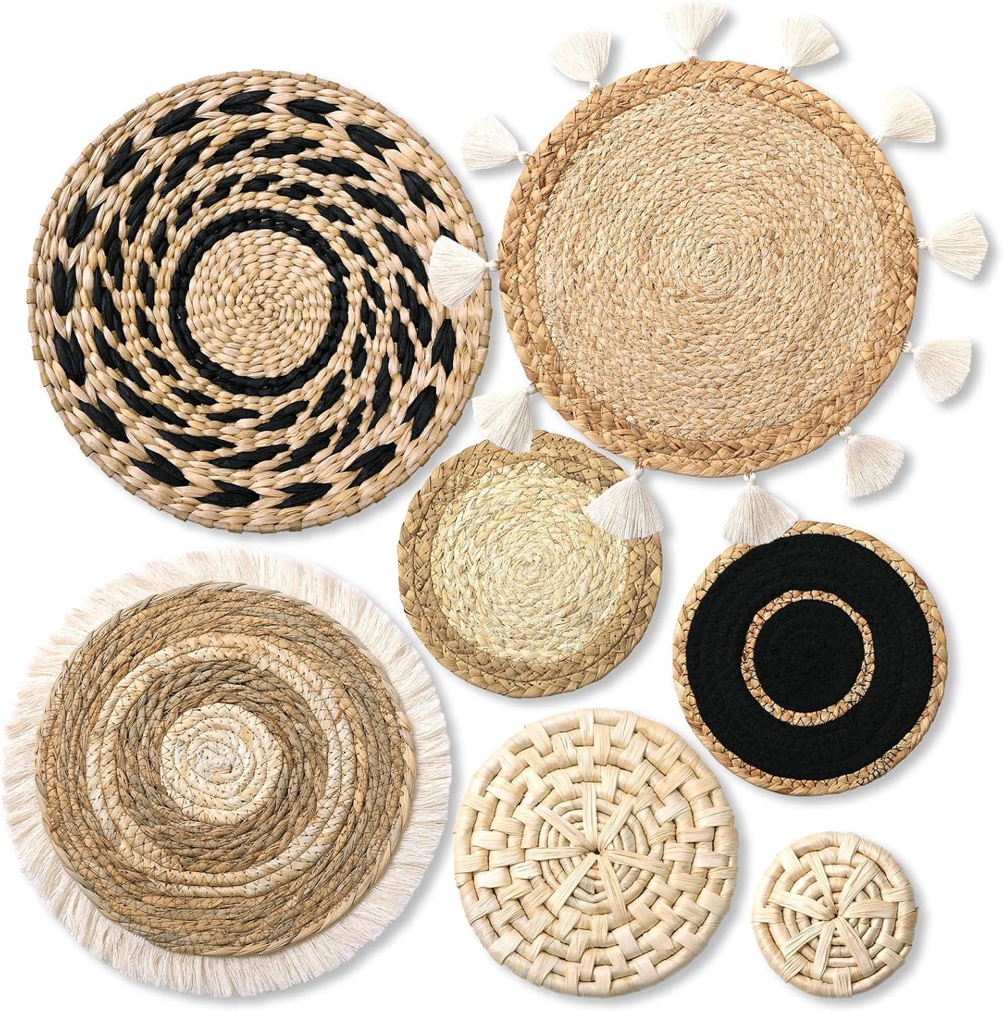 LOMOHOO Set of 7 Boho Wall Basket Decor Wicker Woven Wall Basket Decoration | LOMOHOO Bohemian Handcrafted Round Basket Hanging Decor Bulrush Wall Art Decors for Living Room Rustic Home