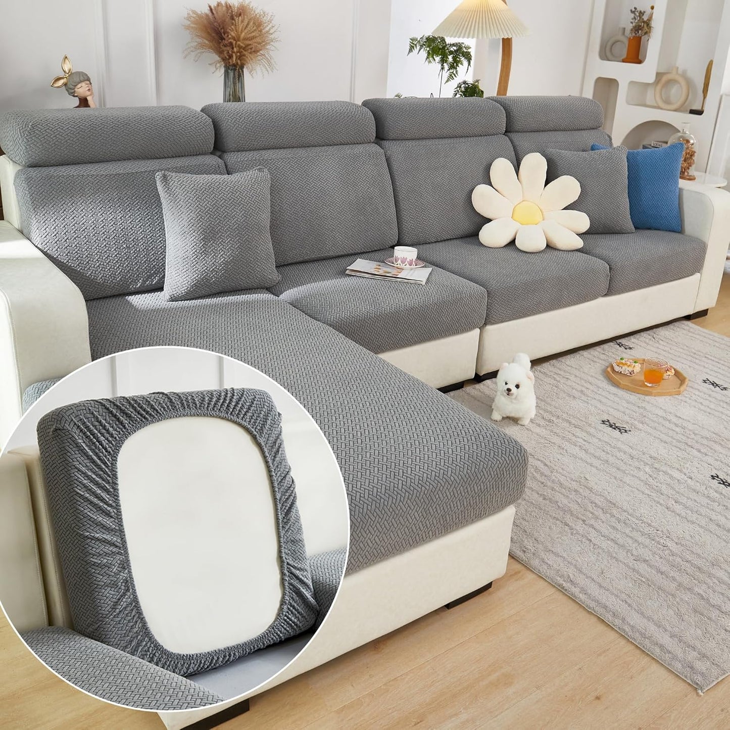 Yoovat Couch Cushion Covers for Sofa Couch Covers Wear-Resistant Universal Sofa Cover Washable Stretch for Sectional Slipcovers (Texture-Gray,Large Single Seat Cover)