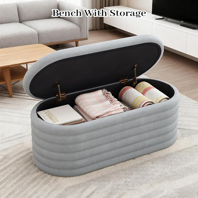 Storage Ottoman Bench, Upholstered Fabric Storages Benches End of Bed Stool - Image 6