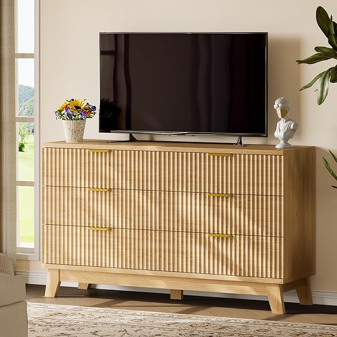 Fluted Dresser with 6 Drawers, Wooden Dresser TV Stand, Wood Closet Clothes - Image 7