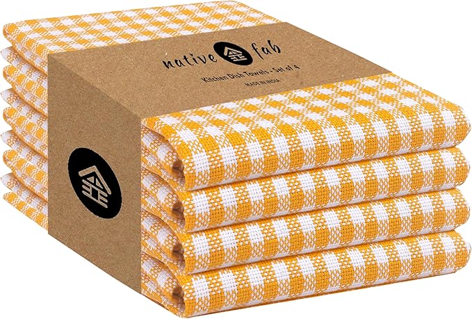 Native Fab 4 Pack Yellow Gingham Cotton Dish Towels 16"x26" by NativeFab