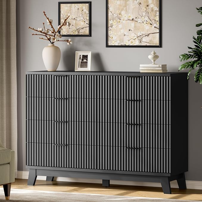 Fluted Dresser with 8 Drawers, Wooden Dresser TV Stand, Wood Closet Clothes - Image 3