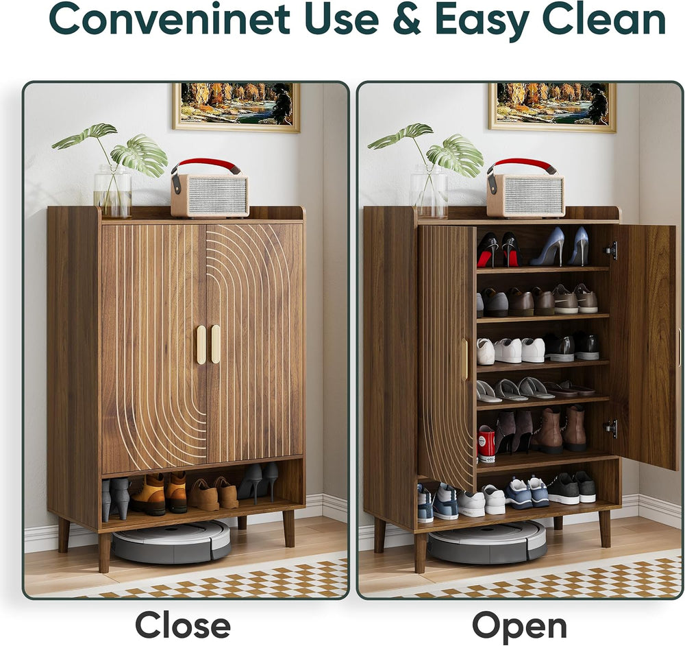 Smuxee Walnut Shoe Cabinet with Line Groove Design, 6-Tier Shoe Storage Cabin...