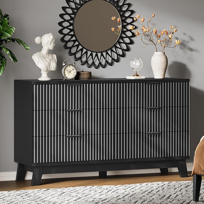 Fluted Dresser with 6 Drawers, Wooden Dresser TV Stand, Wood Closet Clothes by Xixini