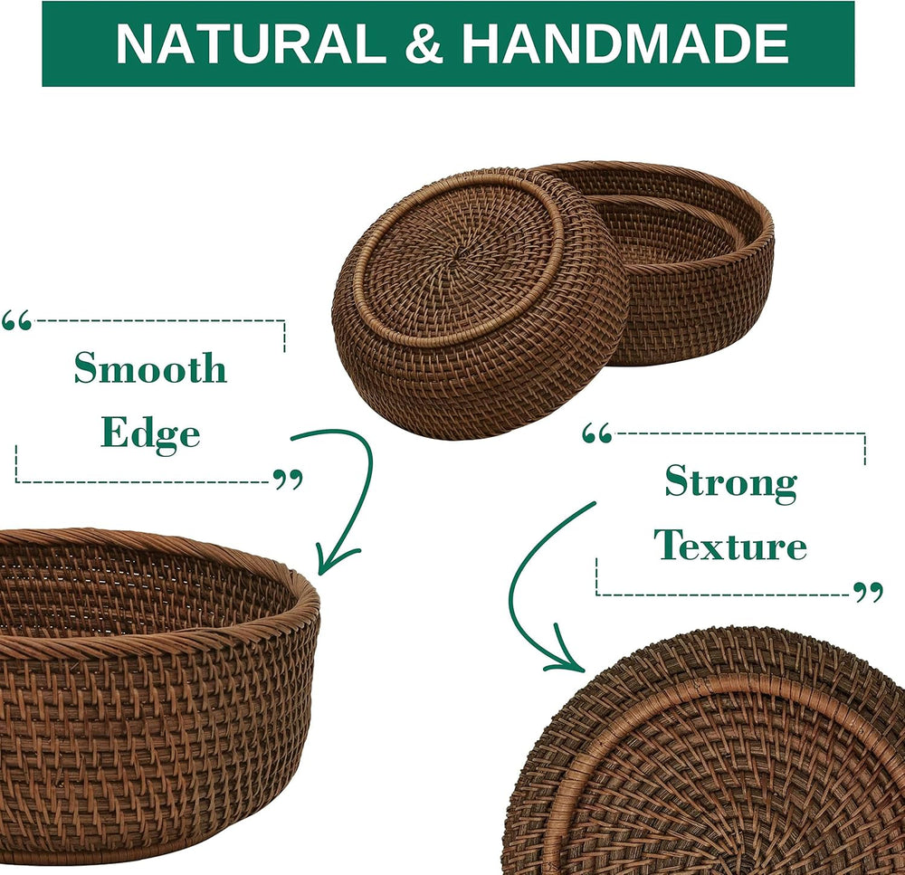 Rattan Bread & Fruit Serving Baskets Set of 3, Round Wicker Baskets for K...