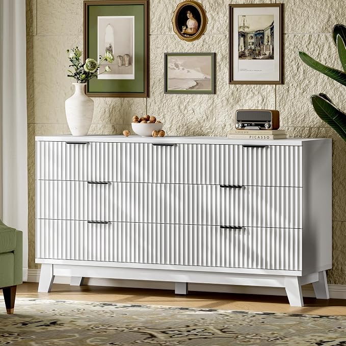Fluted Dresser with 7 Drawers, Wooden Dresser TV Stand, Wood Closet Clothes - Image 3