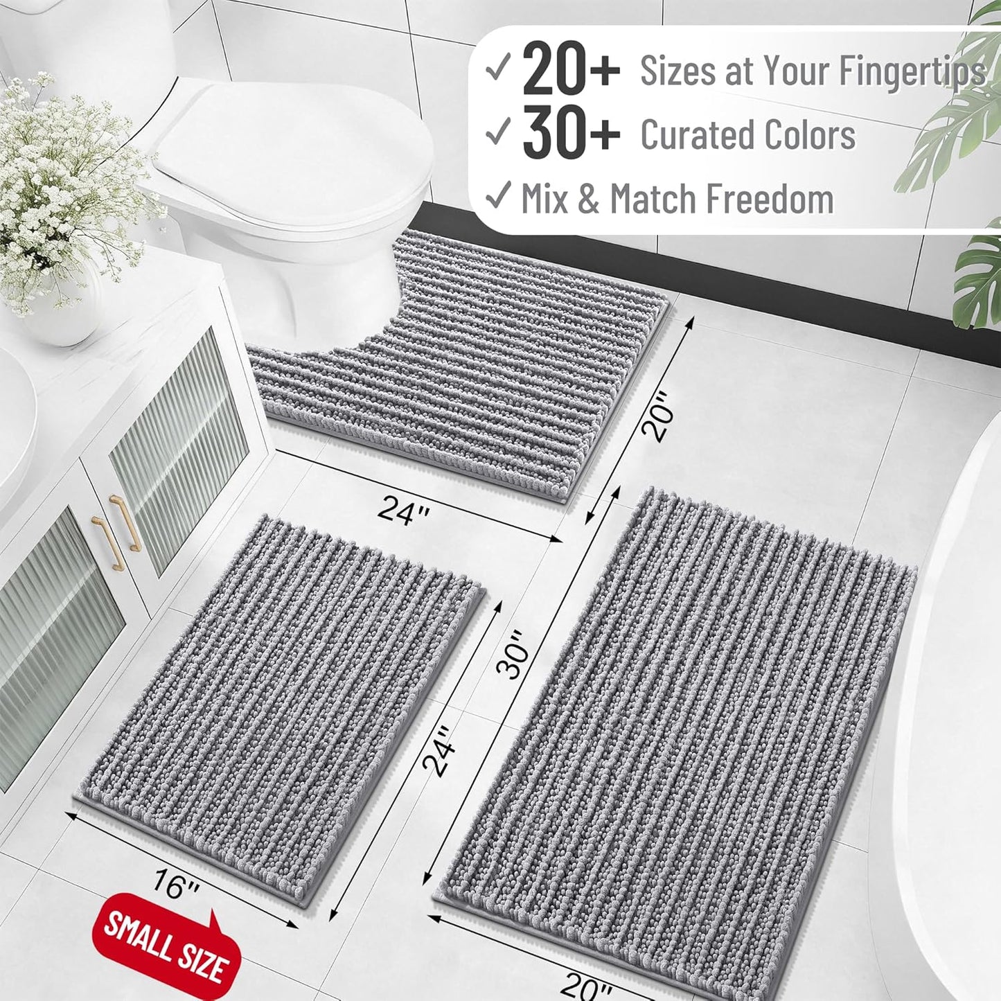 OLANLY Bathroom Rug Mat 30x20, Thick Soft and Absorbent Chenille Bath Mat, Non-Slip Rubber Backing, Machine Washable Quick Dry Bath Rugs for Tub Shower Floor, Home Decor Accessories, Grey