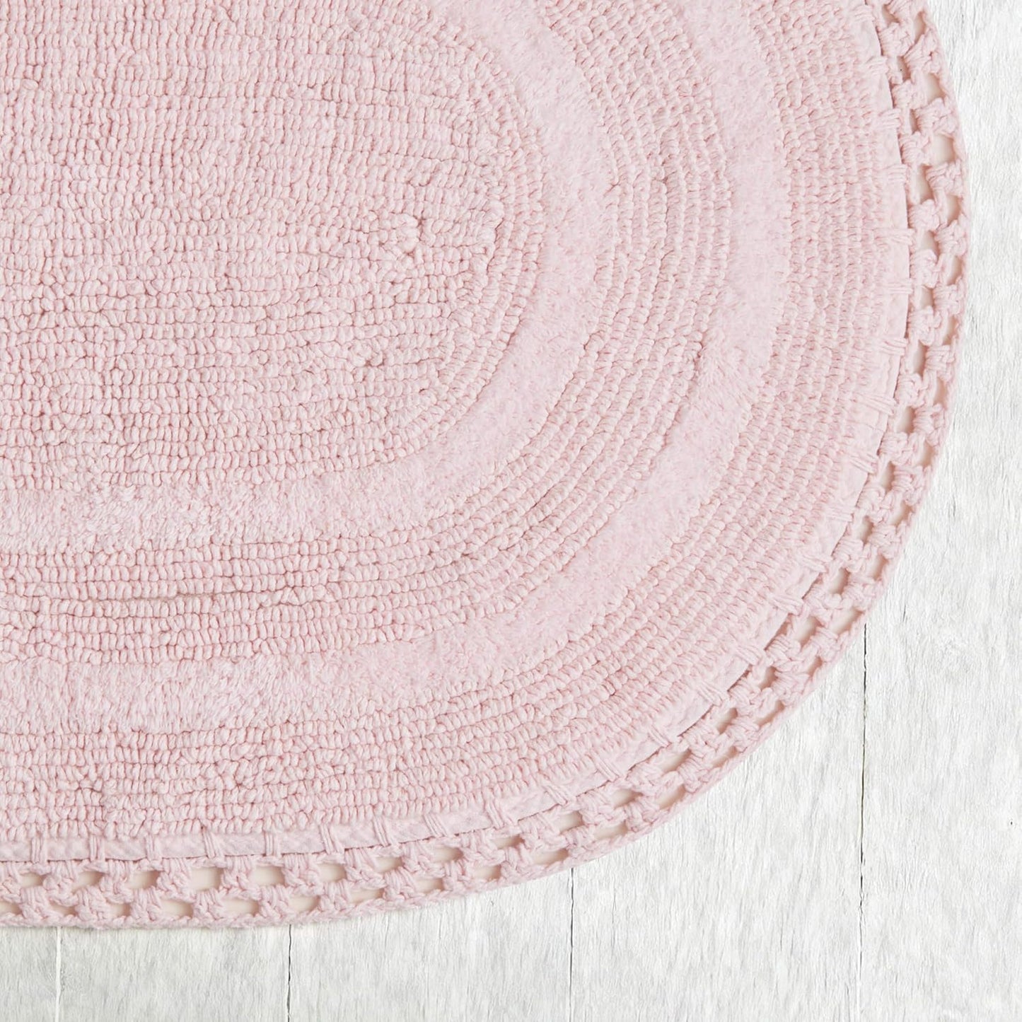 Laura Ashley Camilla 100% Cotton Oval Bath Mat with Crochet Border, Soft & Absorbent, Light Pink 21" x 34" Bathroom Rug