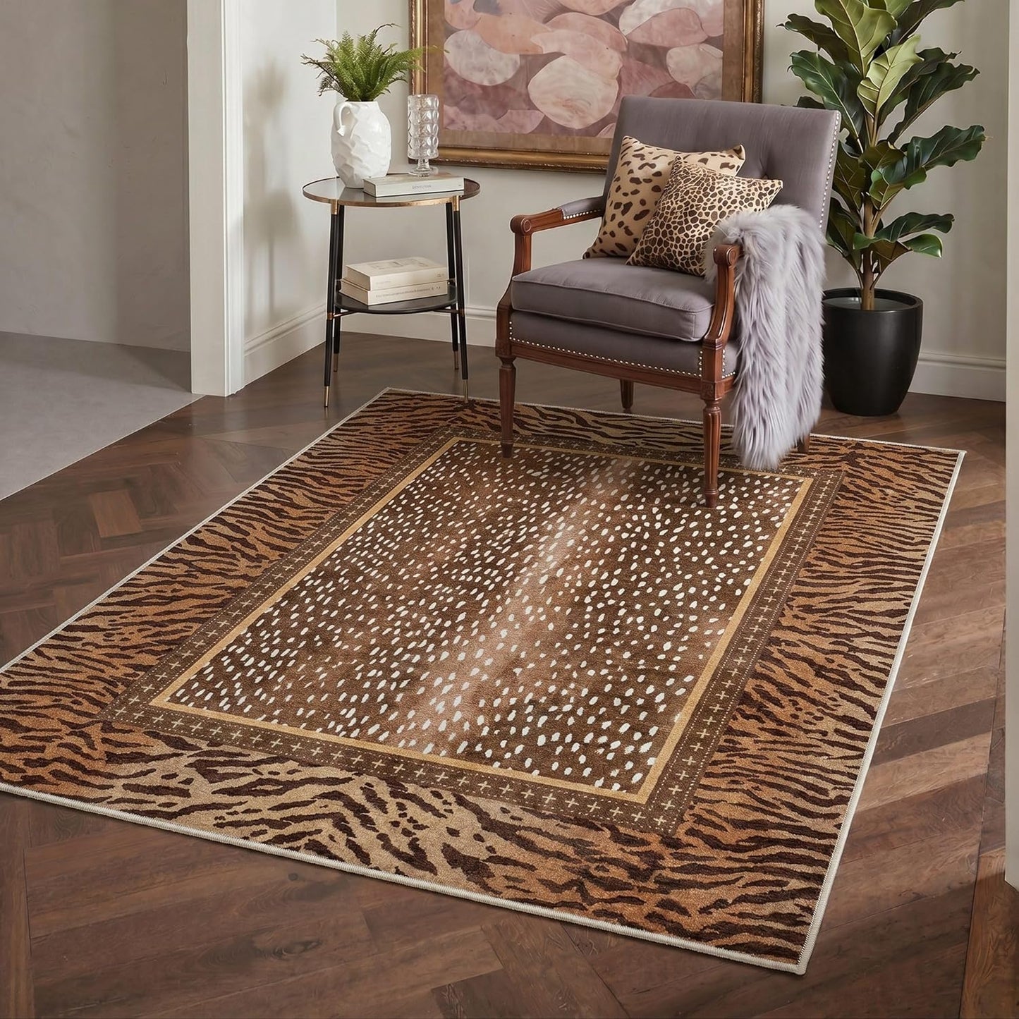 Bavni 2x3 Doormat, Animal Machine Washable,Soft Animal Small Boho Rugs Non Slip Low Pile Non-Shedding Throw Indoor Print Woodland Jungle Carpet for Entryway Front Door Bathroom, Tawny Brown