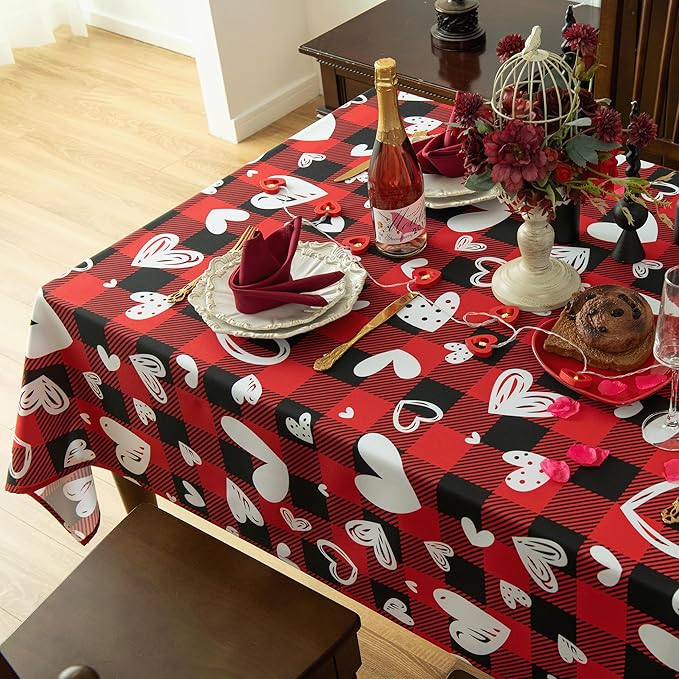 Red Waterproof Plaid Valentines’ Day Tablecloth Fabric - Image 3