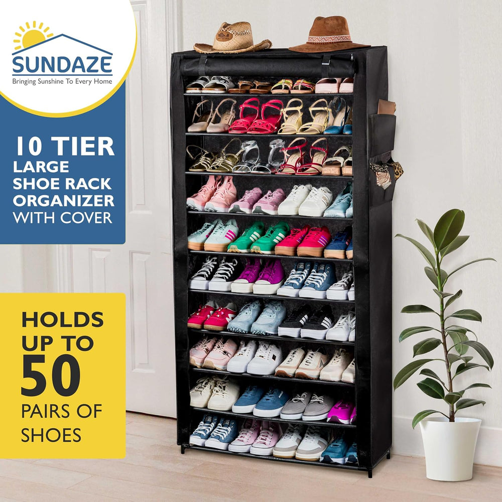 Sundaze Shoe Rack with Cover - 10 Tier Shoe Rack for Front Door Entrance