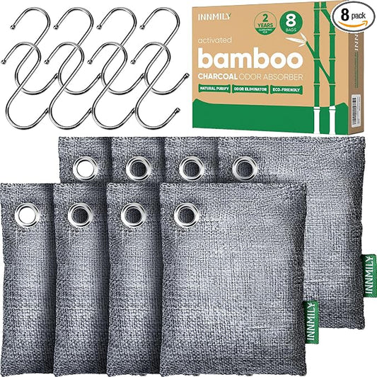 Activated Charcoal Odor Absorber, 8 Pack w Hooks Nature Odor Eliminator by Innmily