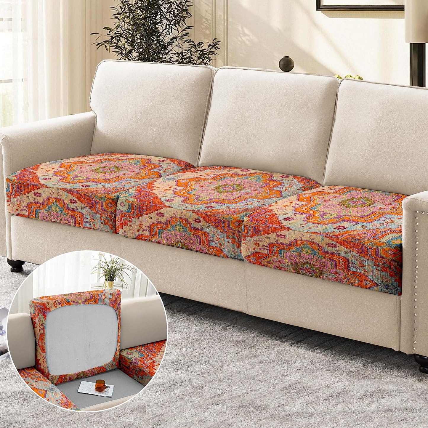 Boho Printed Couch Cushion Covers, Waterproof Stretch Outdoor Cushion Covers, Patio Sofa Covers with Elastic Bottom-3 Pieces, Orange
