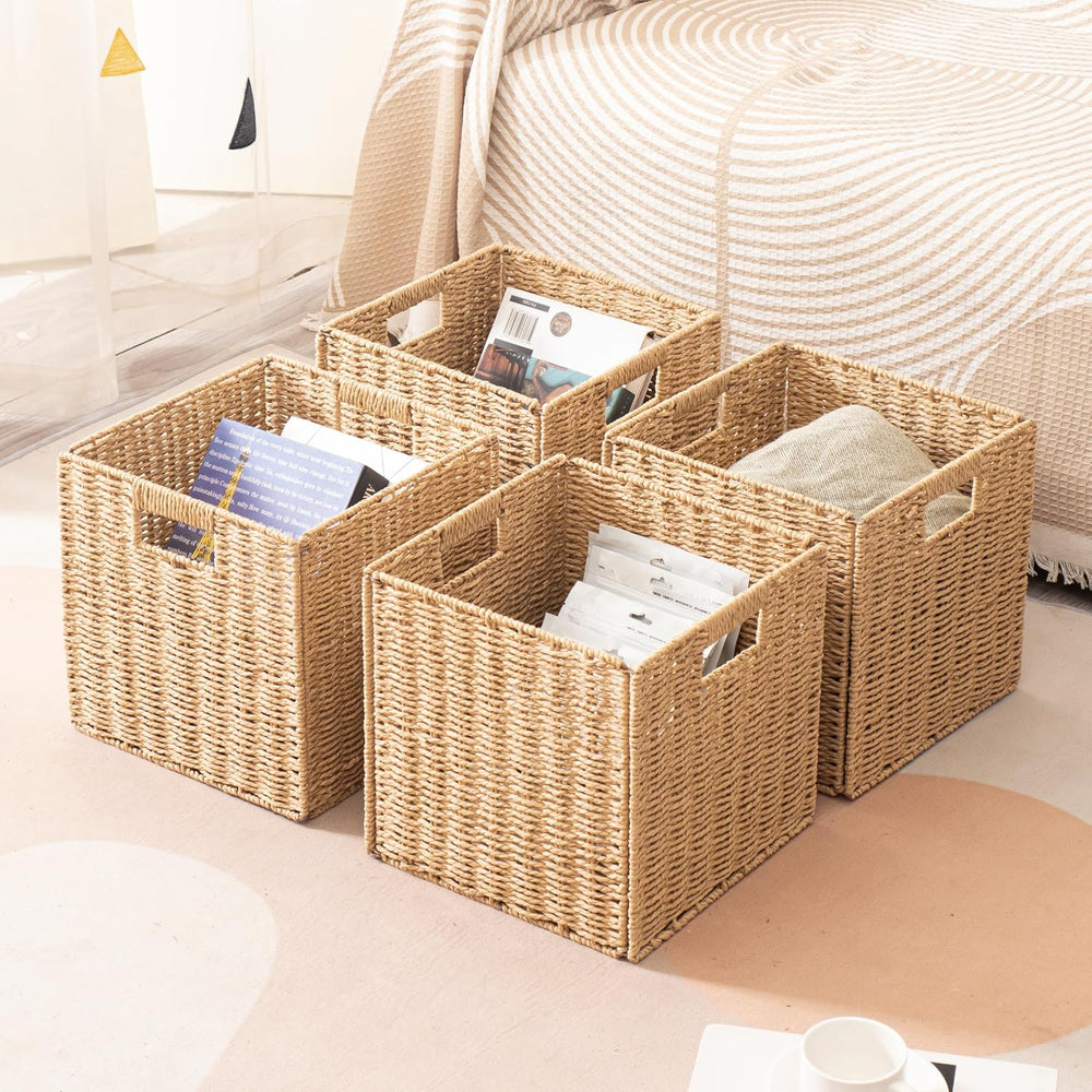 13x13x13 Storage Cube Bins Set of 4, Paper Rope Hand Woven Storage Basket wit...
