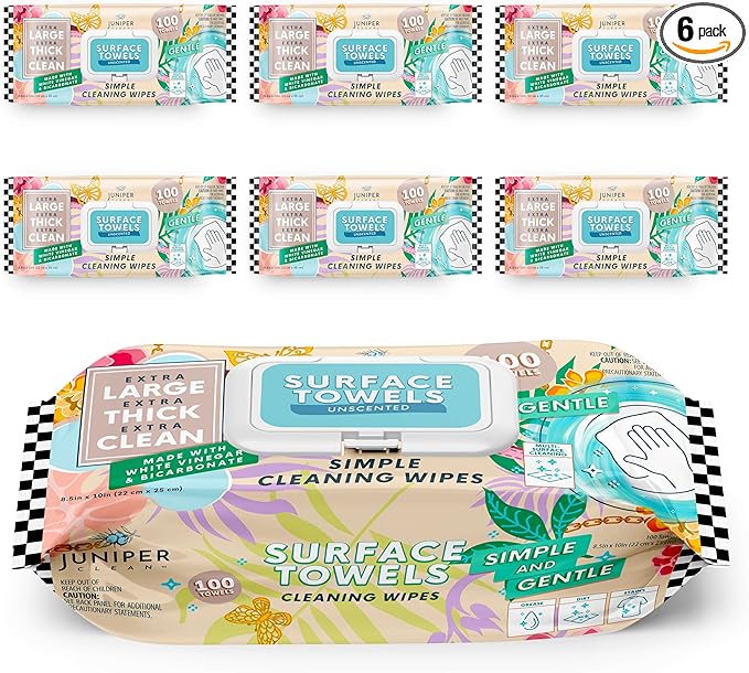 6 Packs Surface Cleaning Wipes Bleach Free, Thick & Large Dispose, All-Purpose by JuniperCLEAN