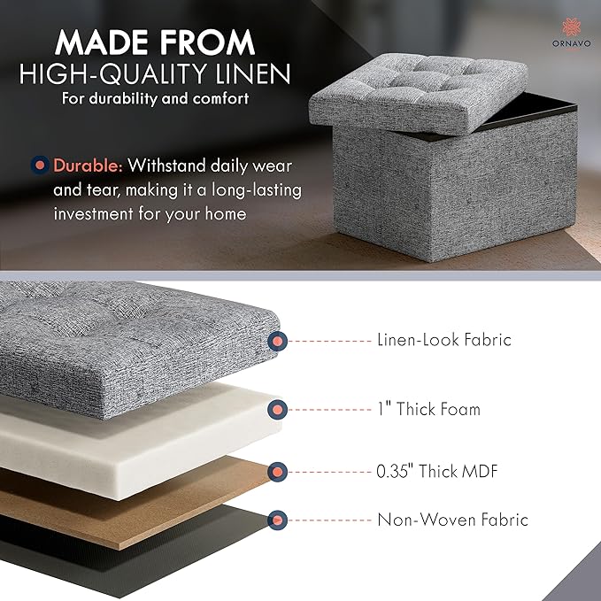 Ornavo Home Small Storage Ottoman Foldable Collapsible Rectangle Linen Ottoman - Image 4
