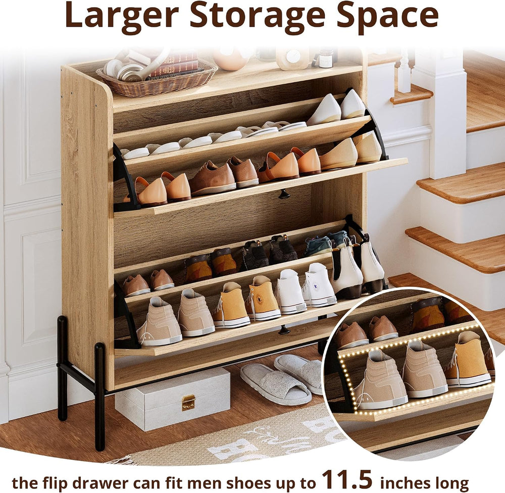 IRONCK Rattan Shoe Cabinet Storage with 2 Flip Drawers, Oak