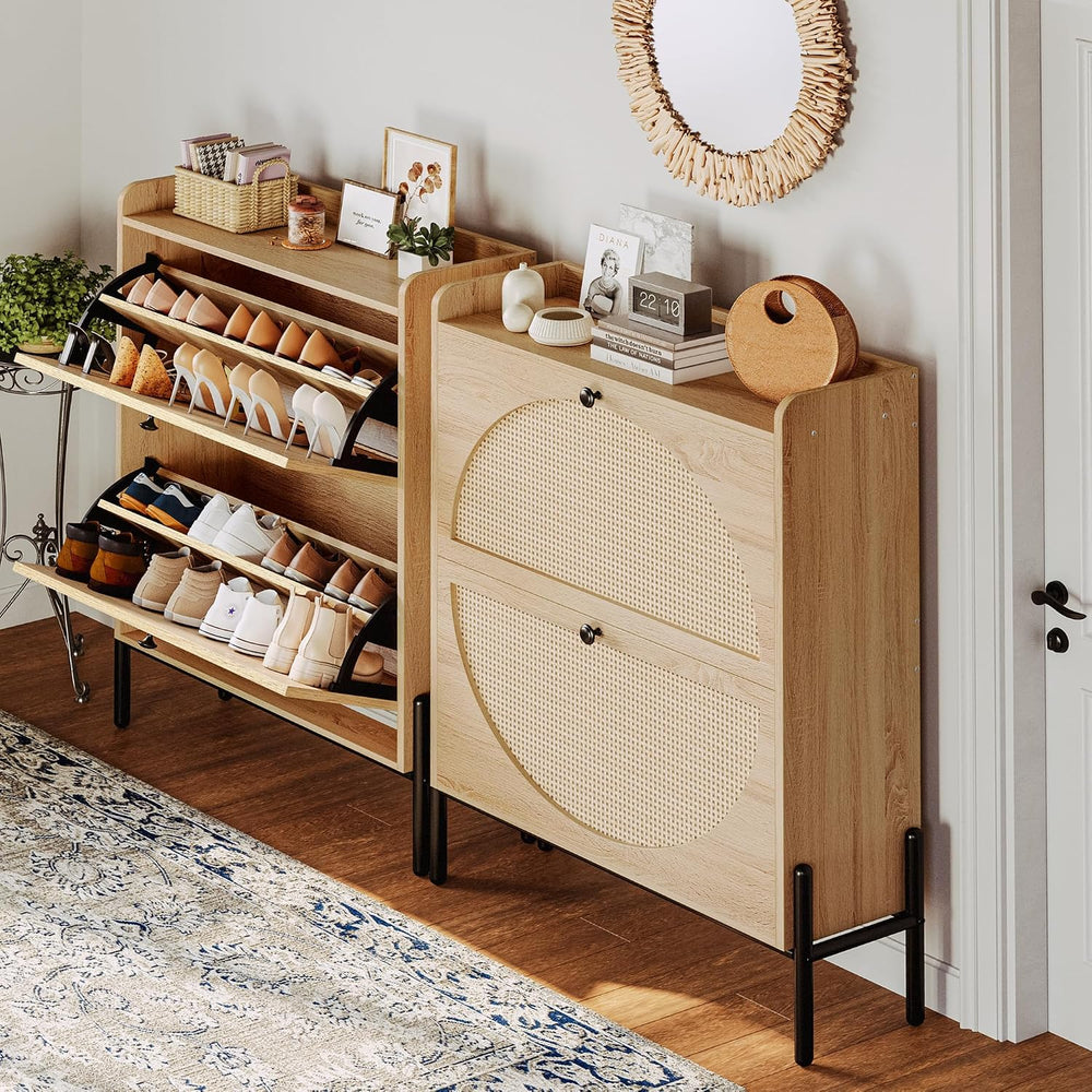 IRONCK Rattan Shoe Cabinet Storage with 2 Flip Drawers, Oak