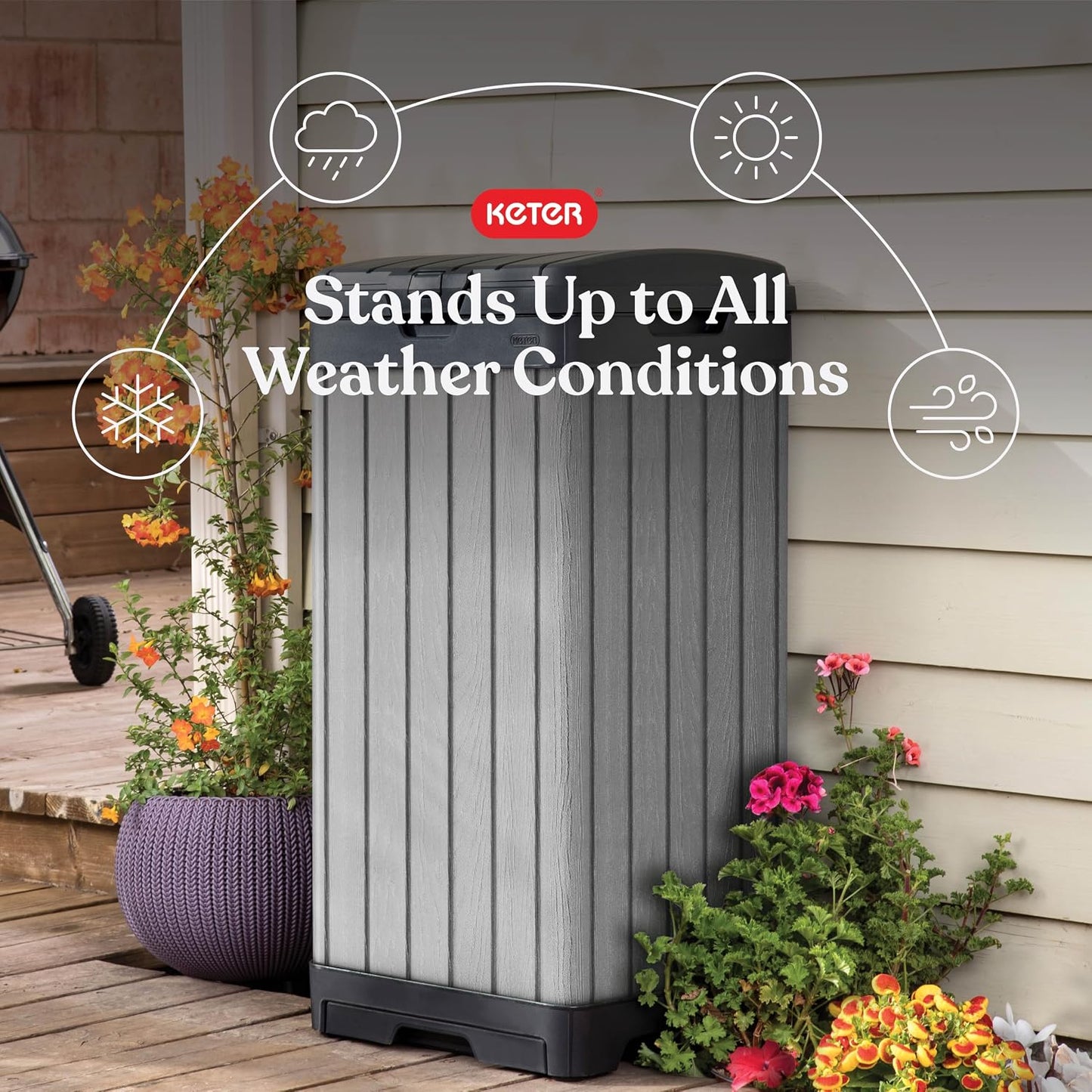 Keter Darwin Outdoor Trash Can, 38 Gallon Weather-Resistant Resin Waste Bin with Lid, Wood-Look Design for Patio, Deck, Porch & Backyard