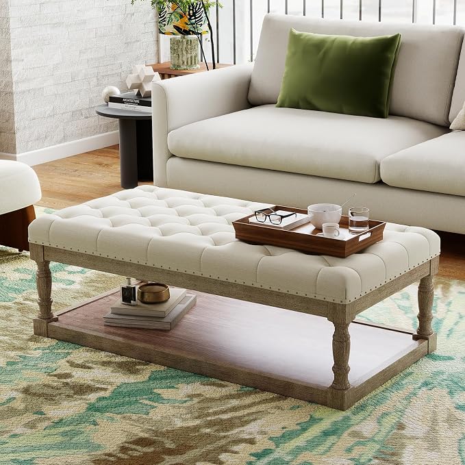 48" Large Ottoman with Storage Coffee Table, Upholstered Tufted Linen Ottoman by Unknown