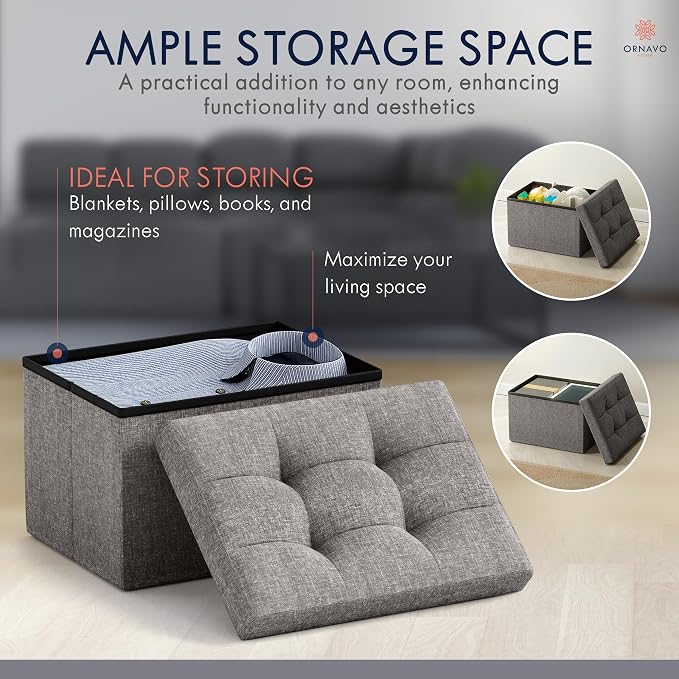 Ornavo Home Small Storage Ottoman Foldable Collapsible Rectangle Linen Ottoman - Image 3