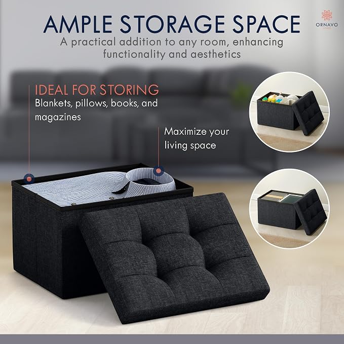 Ornavo Home Small Storage Ottoman Foldable Collapsible Rectangle Linen Ottoman - Image 3