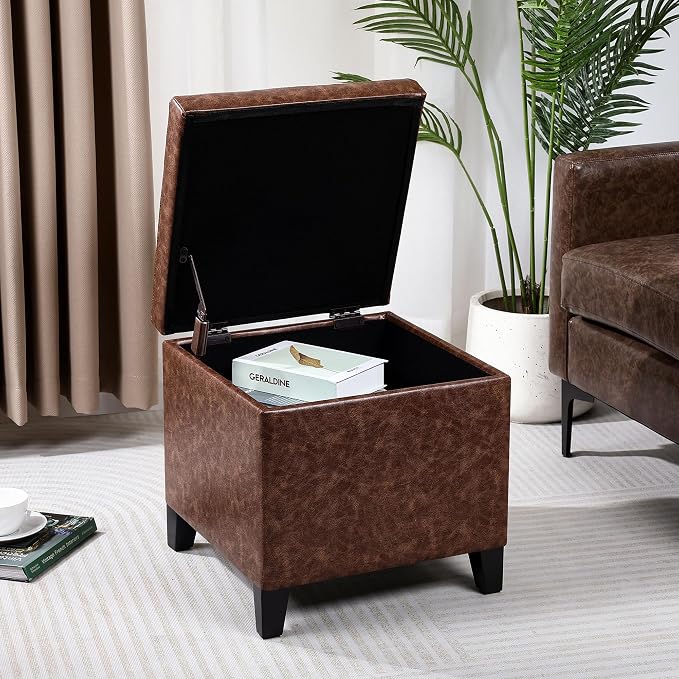 Adeco 18" Storage Ottoman Foot Rest Stool, Walnut Leather Ottoman - Image 9