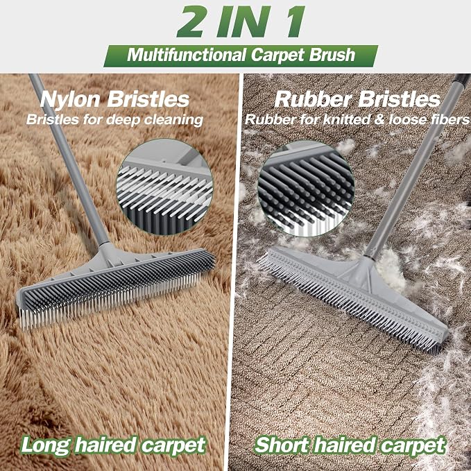 Walensee Carpet Rake for Pet Hair Removal, 2-in-1 Rubber Broom and Nylon Carpet - Image 2