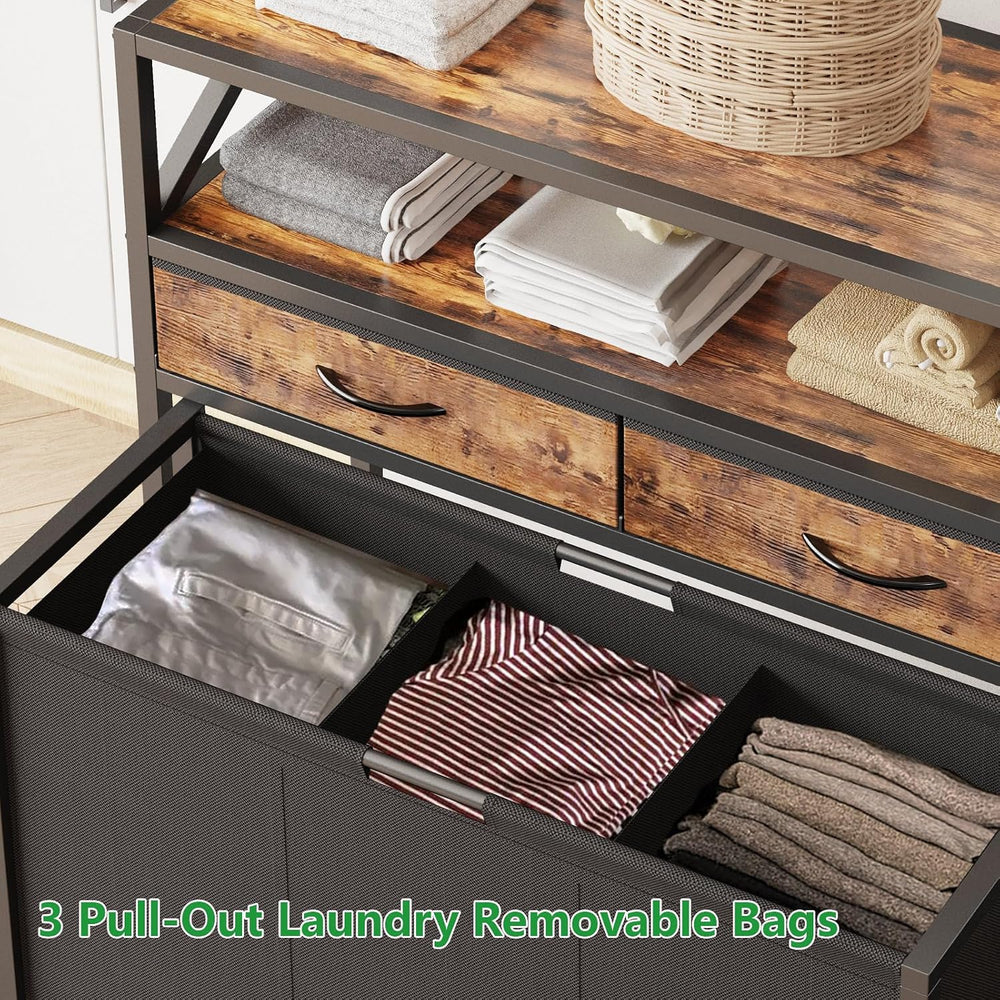 150L Laundry Sorter Hamper 3 Section with 2 Shelves & 2 Drawers