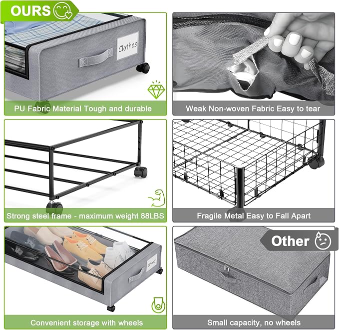 Under Bed Storage with Wheels, Underbed Storage Bins, XXL 60L Rolling Metal - Image 2
