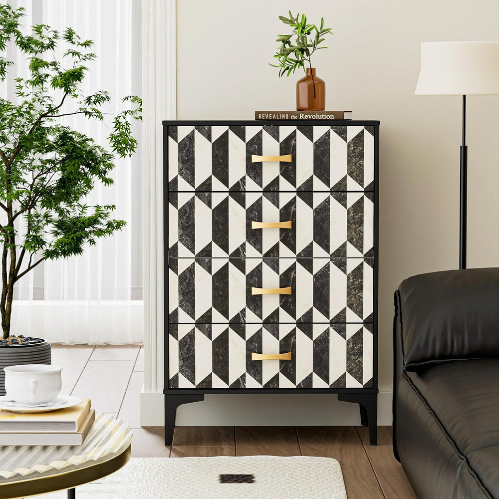 Anbuy Faux Marble 4 Drawers Dresser for Bedroom, Black and White Marble Moder...