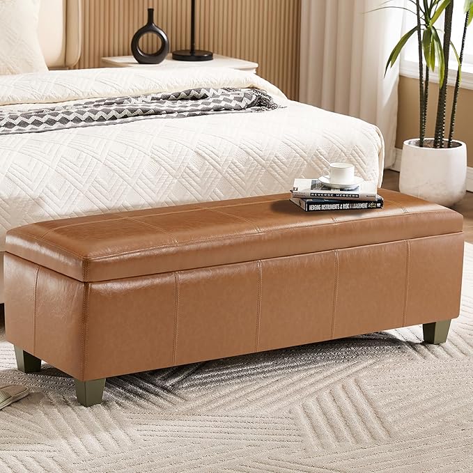 51" Faux Leather Storage Ottoman, Stitch Tufted Rectangle Upholstered End of by WUTUTUEE