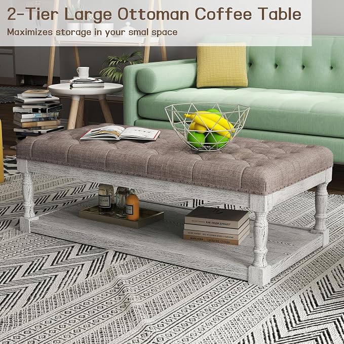 48" Large Ottoman with Storage Coffee Table, Upholstered Tufted Linen Ottoman - Image 4