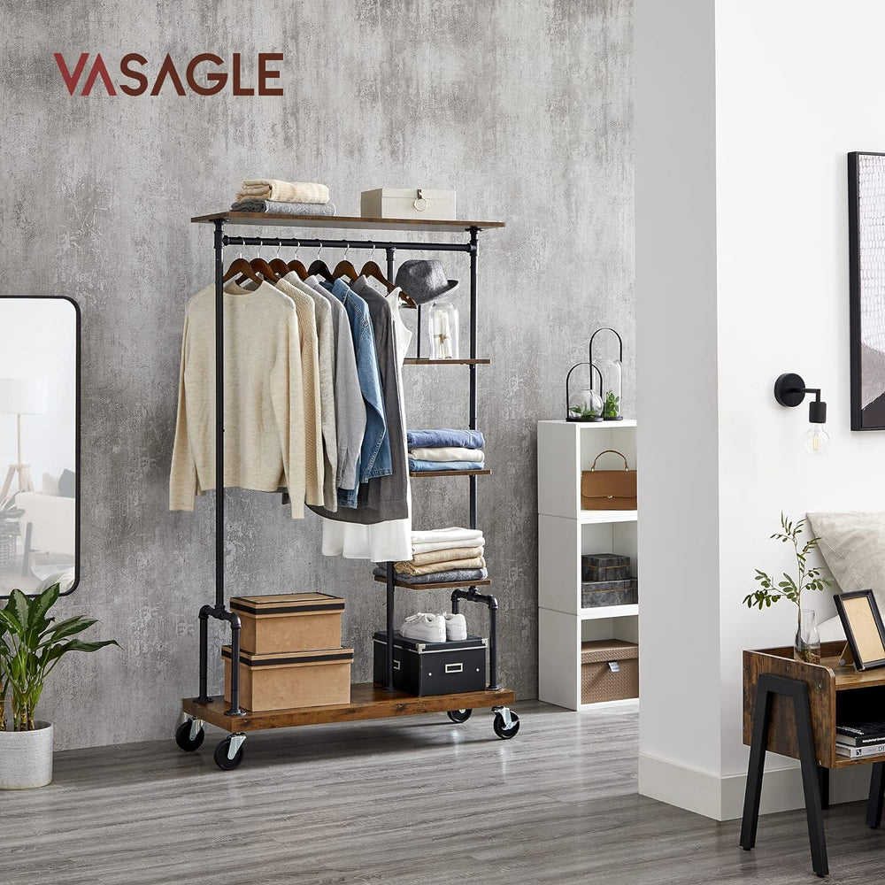VASAGLE Clothes Rack, 5-Tier Garment Rack on Wheels, Industrial Pipe Style
