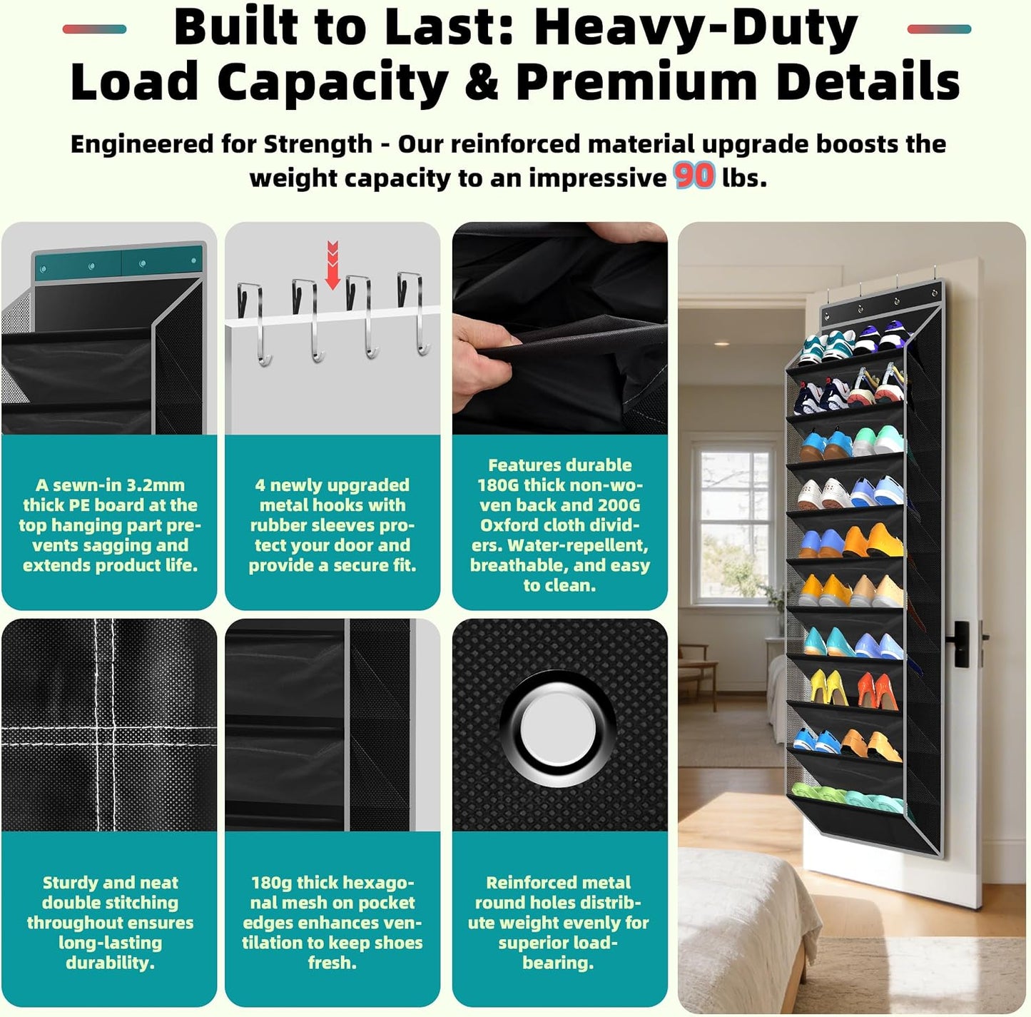 PAULONE 10-Pocket Multi-Use Over the Door Organizer, Heavy Duty 95lbs Capacity with Breathable Mesh, Versatile Hanging Storage for Shoes, Toys, Office Supplies-Classic (Black, 10-Shelf,)