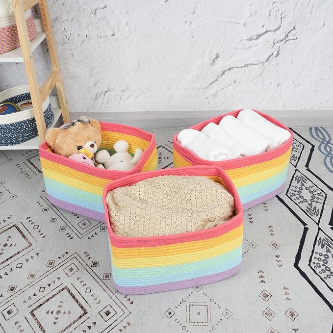 3-Pack Rainbow Storage Baskets 14.5X9.5X9.3“ – Woven Toy Organizer Bins - Image 6